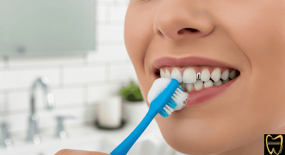 Proper care tips for dental crowns including brushing and gum line cleaning