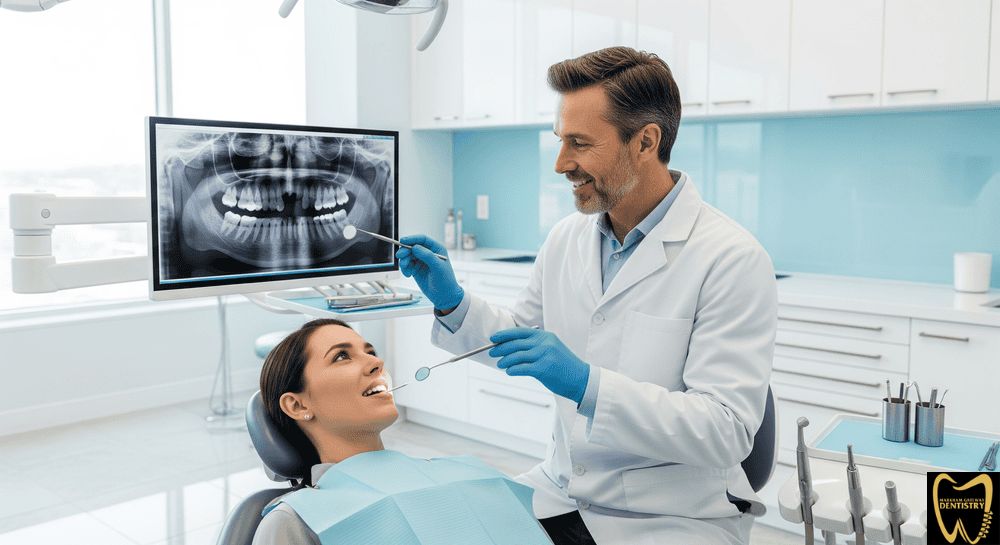 Scarborough dentist consulting patient about dental bridge options