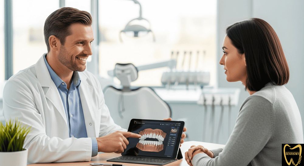 Scarborough dentist discussing dental bridge cost with patient