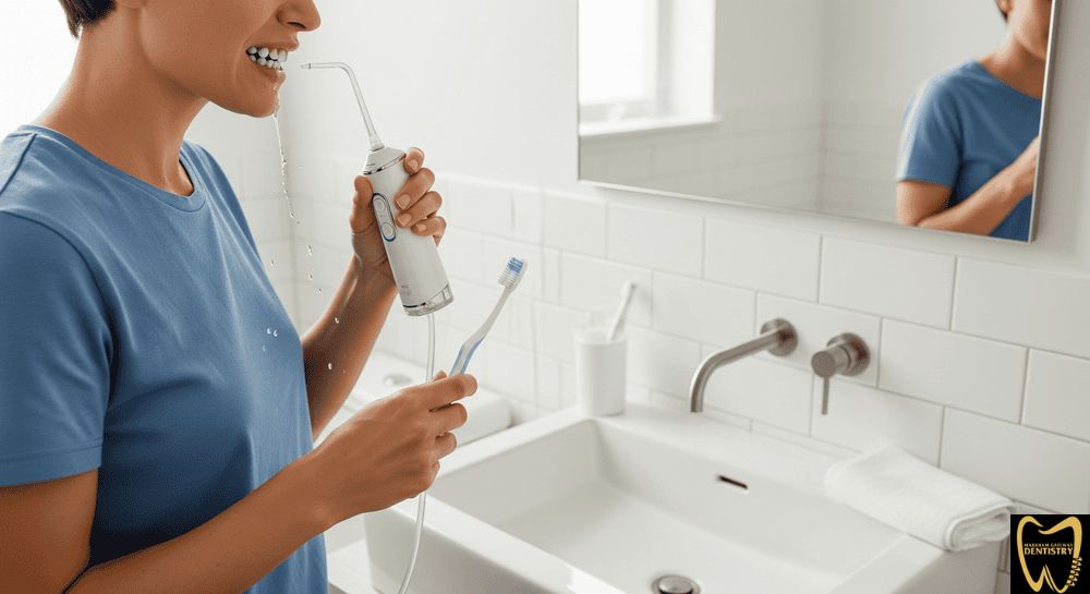 Patient cleaning dental bridge with floss at Scarborough clinic